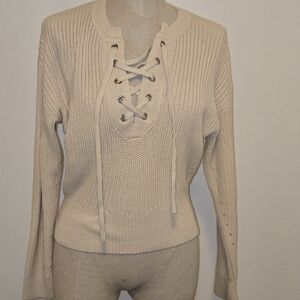 Madewell Cream Lace-Up Crew Neck Sweater